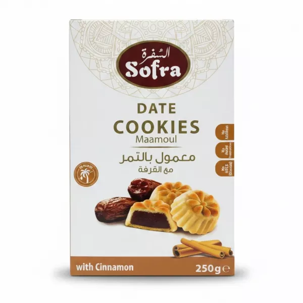 Box of Sofra Date Cookies Maamoul with cinnamon flavour showing front packaging