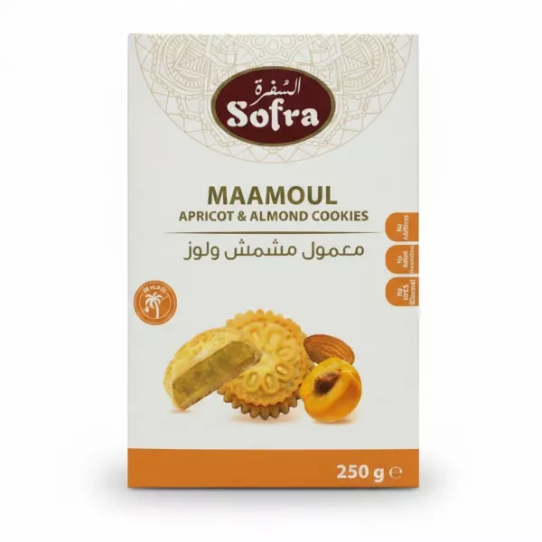 Box of Sofra Maamoul Apricot & Almond Cookies showing cookies, apricot and almond