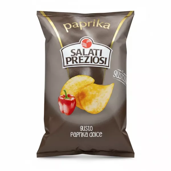 Front of Salati Preziosi paprika flavoured potato chips bag