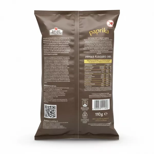 Back of Salati Preziosi paprika flavoured potato chips bag showing ingredients and nutritional information