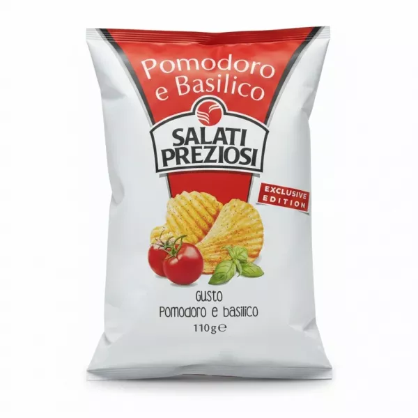 Salati Preziosi tomato and basil flavoured ridged potato chips bag front