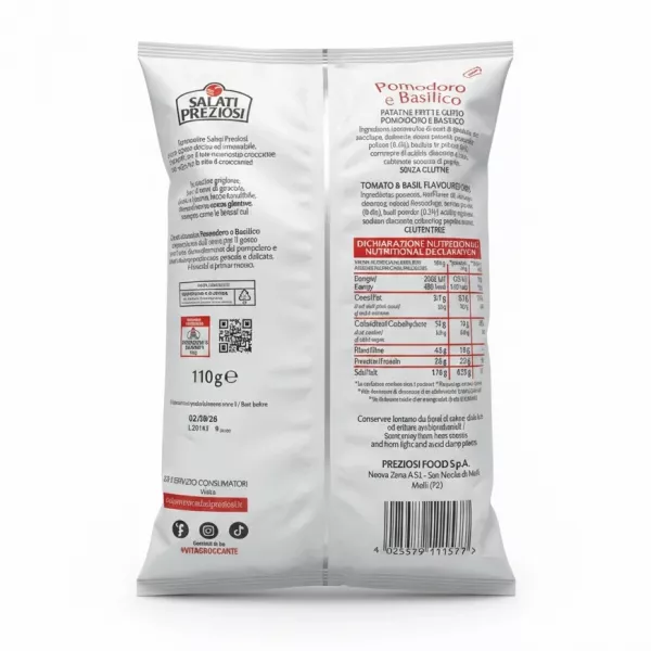 Salati Preziosi tomato and basil flavoured chips bag back with nutritional info