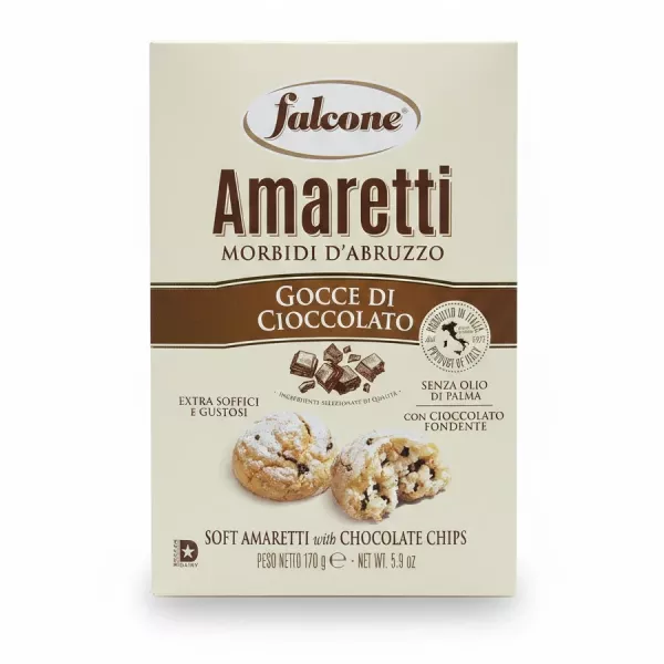 Falcone Amaretti box front view showing soft cookies with chocolate chips
