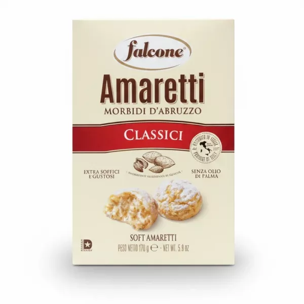 Box of Falcone Soft Amaretti Classic Cookies with almond illustration