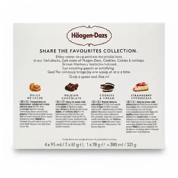 Back view of Häagen-Dazs Favourites Mini Cups pack with flavour descriptions
