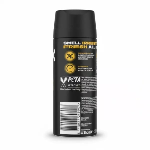 Back label of Lynx Gold deodorant showing ingredients and barcode