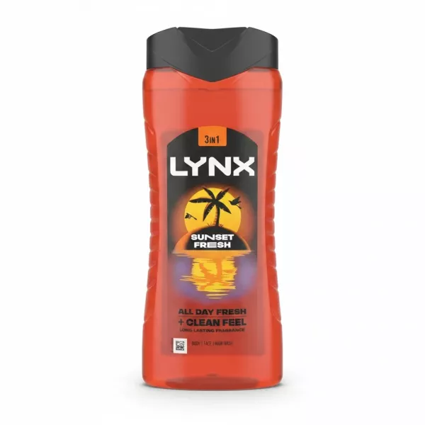 Bottle of Lynx 3in1 Sunset Fresh shower gel showing front label