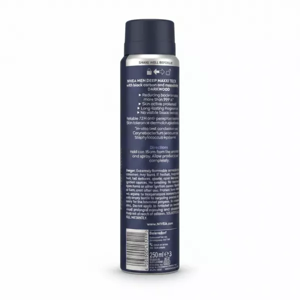 Nivea Men Deep Darkwood antiperspirant spray can back view with usage instructions