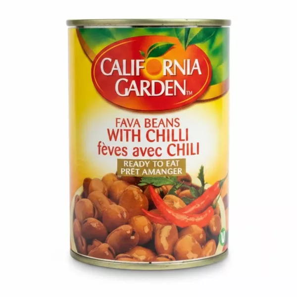 California Garden canned fava beans with chilli front label