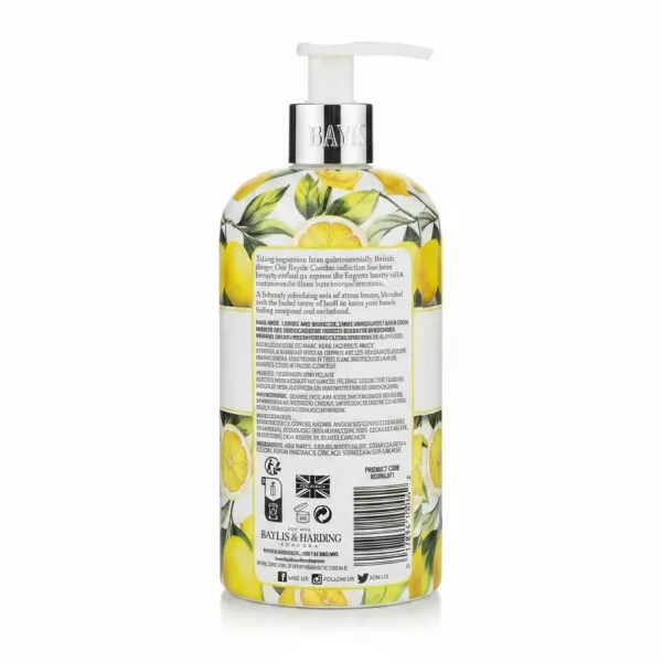 Back label of Baylis & Harding Royale Garden Lemon & Basil Hand Wash showing product description