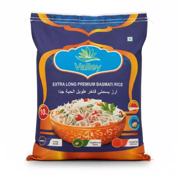 Valley brand 10kg bag of extra long premium basmati rice with vibrant orange and blue packaging