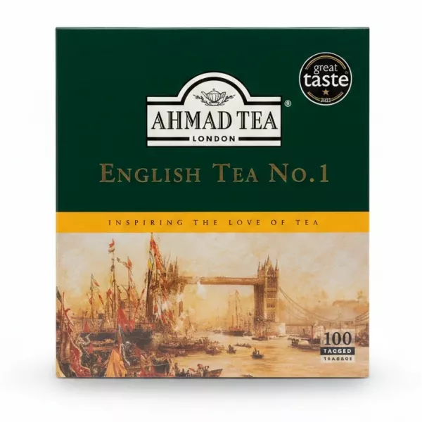 Box of Ahmad Tea English Tea No.1 with London Tower Bridge illustration