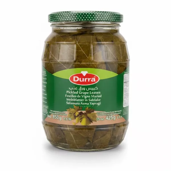 Jar of Durra Pickled Grape Leaves on wooden table