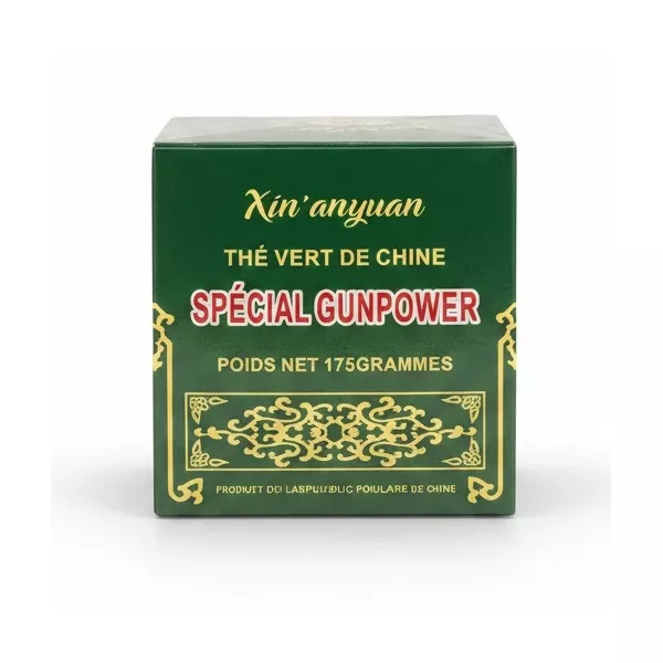 Packaged Xin'anyuan Special Gunpowder Green Tea front view