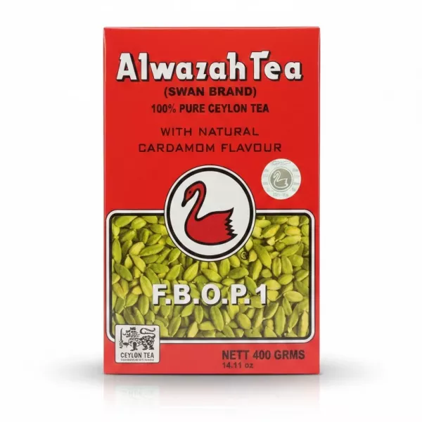 Alwazah Tea box with cardamom flavour and red packaging