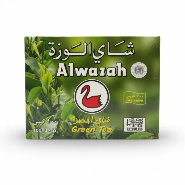 Alwazah Green Tea box displaying the brand and logo with tea leaves background