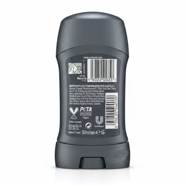 Dove Men+Care 48H Protection Clean Deodorant stick back view showing ingredients and barcode