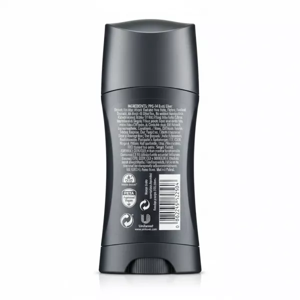 Dove Men+Care Clean Comfort deodorant back view showing ingredients and barcode