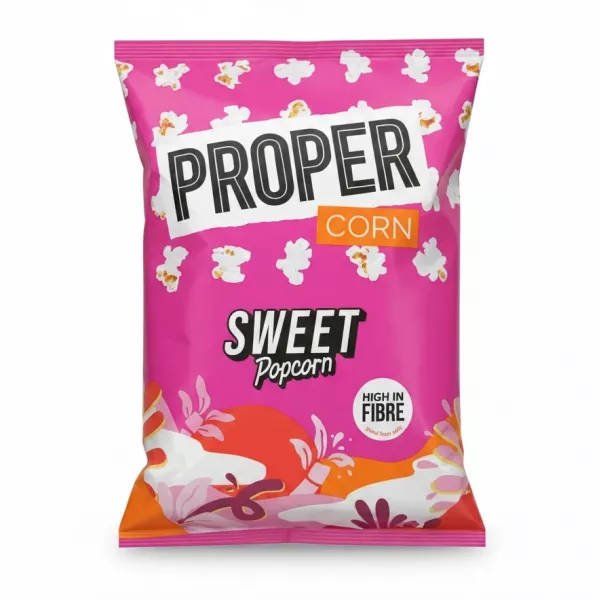 Bag of Proper Corn Sweet Popcorn in bright pink and orange packaging