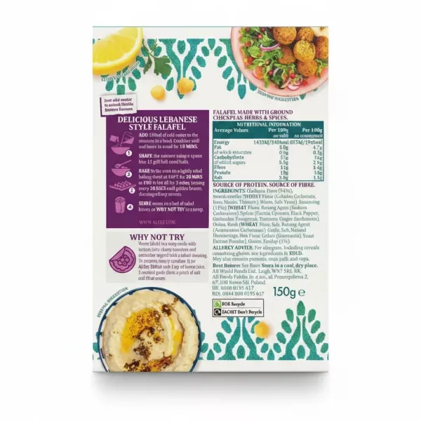 Back of Al'Fez Lebanese Style Falafel packaging with preparation instructions and nutritional info