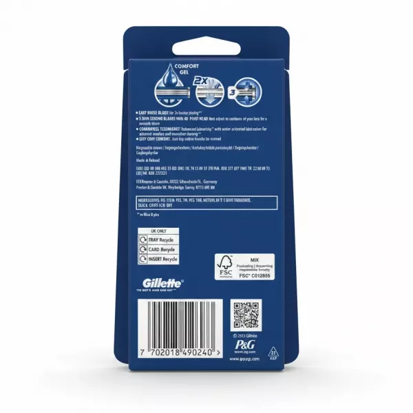 Back of Gillette Sensor3 Comfort razors pack with product details and barcode