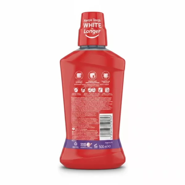 Colgate Max White red bottle mouthwash back with ingredients and instructions