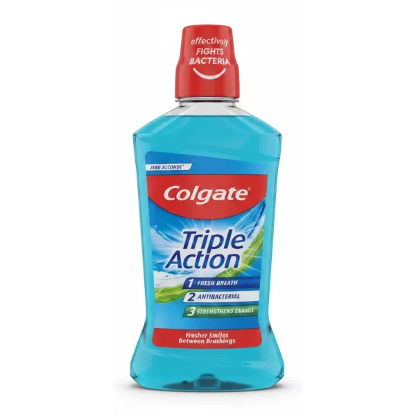 Colgate Triple Action Mouthwash front label showing fresh breath, antibacterial, strength enamel benefits