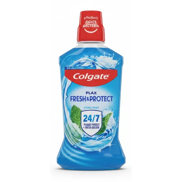 Colgate Plax Fresh & Protect mouthwash bottle front showing blue liquid and cool mint label