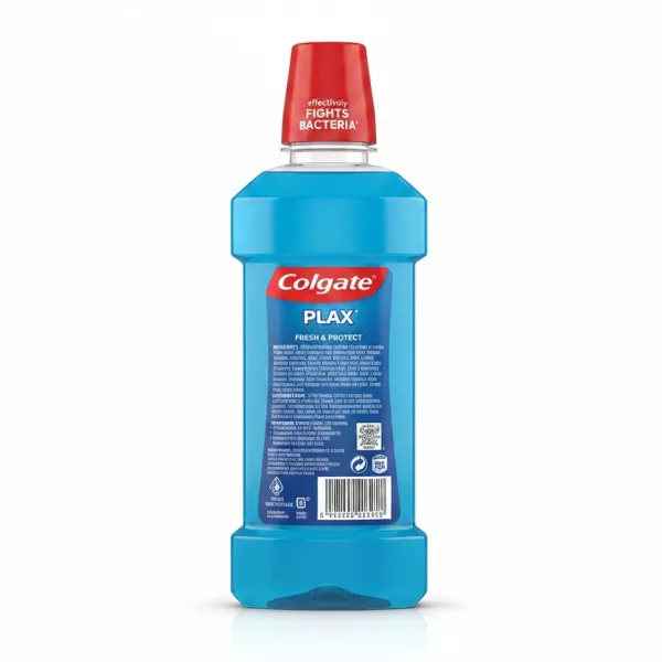 Colgate Plax Fresh & Protect mouthwash bottle back with usage instructions and ingredients list