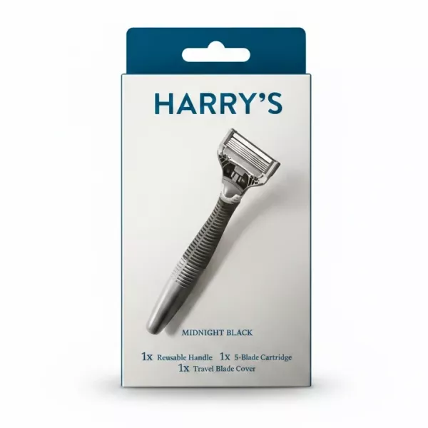 Harry's Midnight Black razor and packaging front view