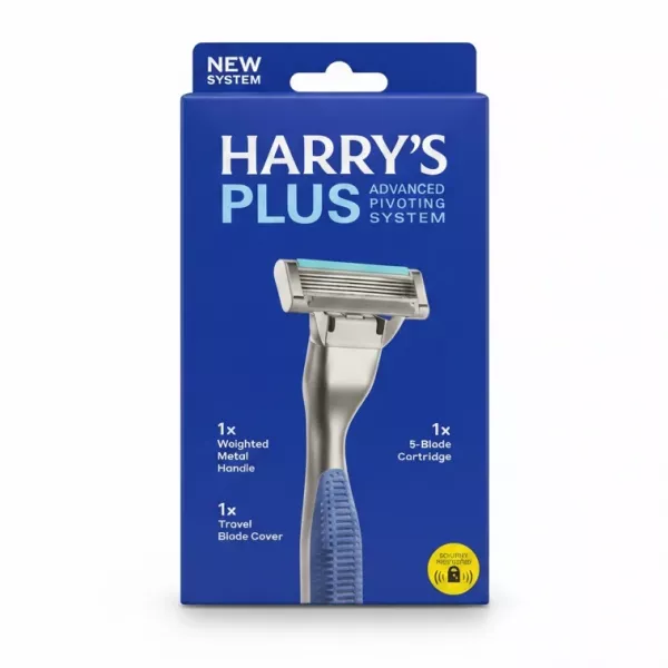 Harry's Plus razor kit packaging with metal handle and 5-blade cartridge image