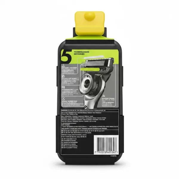 Back view of Gillette Labs razor packaging showing features and barcode