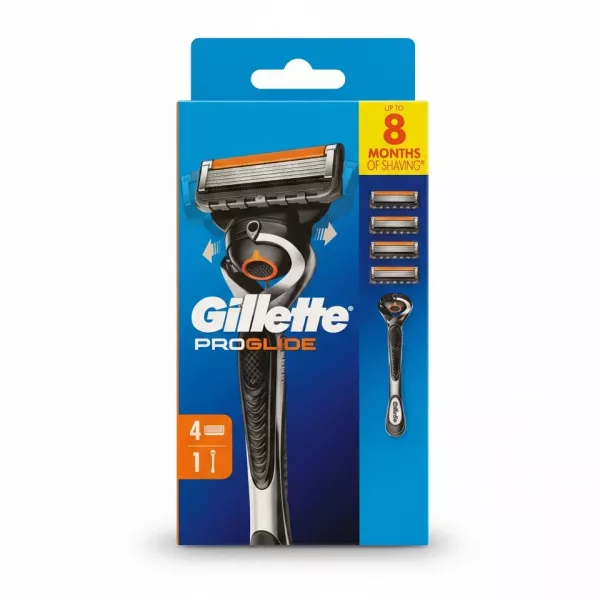 Gillette ProGlide razor with four replacement cartridges in packaging