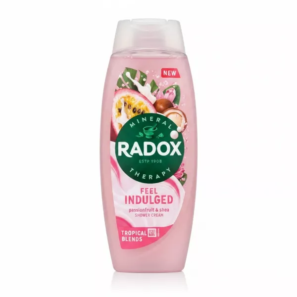 Radox Feel Indulged Passionfruit & Shea Shower Cream front view with tropical fruit and shea butter illustration