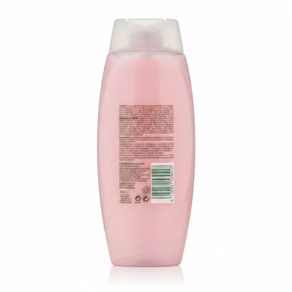 Back label of Radox Feel Indulged Passionfruit & Shea Shower Cream showing ingredients and barcode