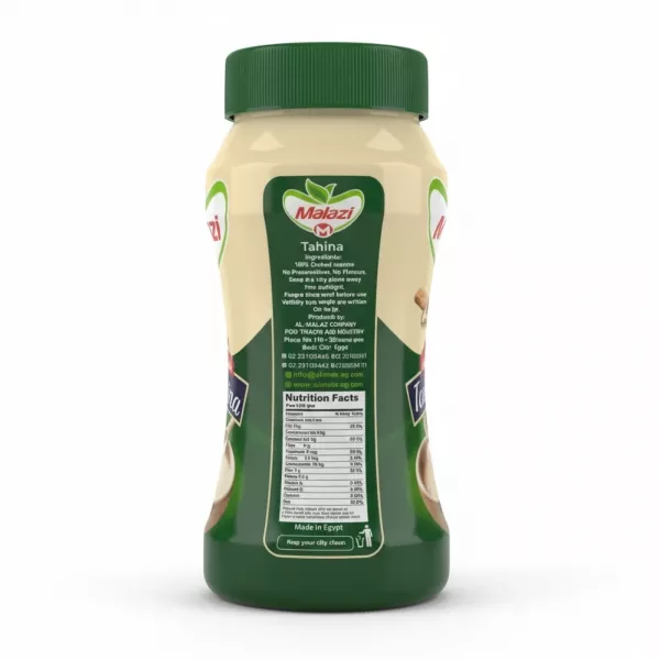 Back label of Malazi Tahina showing ingredients and nutritional facts on a white background