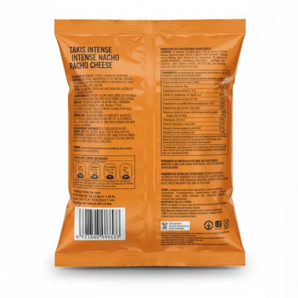 Takis Intense Nacho Cheese snack bag back with ingredients