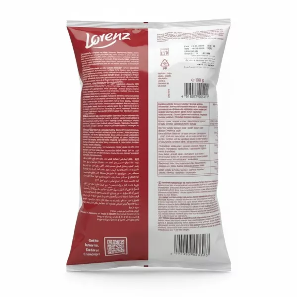 Back of Lorenz Crunchips X-Cut Paprika showing ingredients and nutritional info