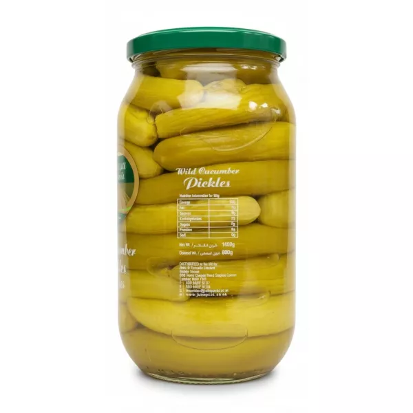 Back view of Al Dayaa Fields Wild Cucumber Pickles jar showing nutrition and contact info