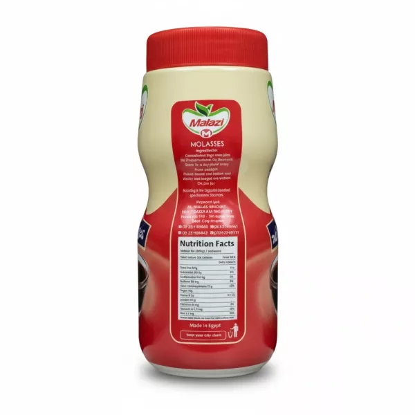 Back label of Malazi Molasses with nutrition facts and ingredients