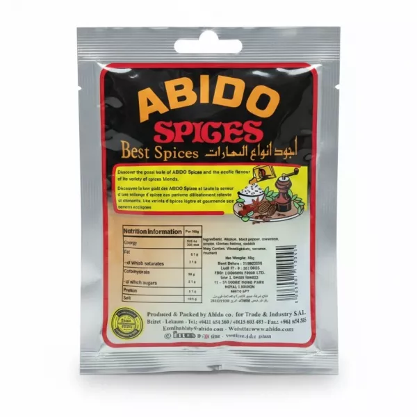 Back view of Abido 7 Mixed Spices packet with nutritional info and ingredients