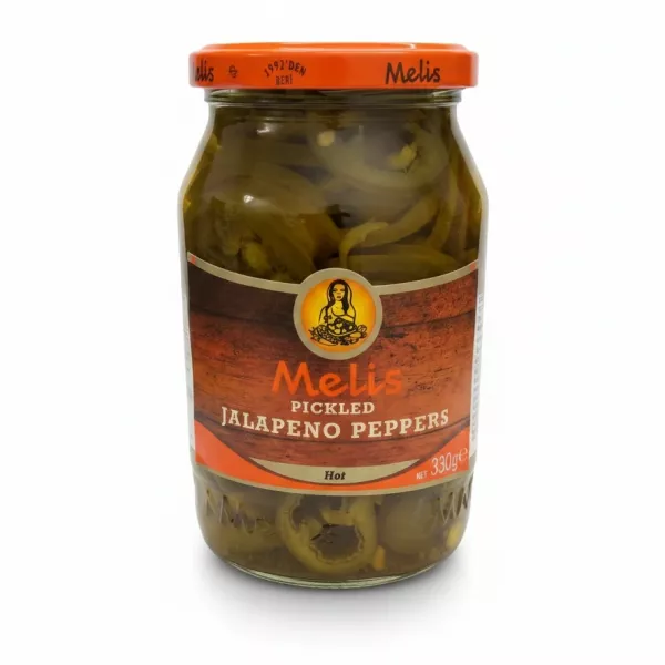 Melis brand jar of sliced pickled hot jalapeno peppers with orange lid