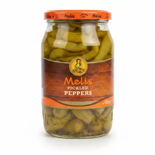 Jar of Melis Pickled Peppers showing whole pickled peppers in brine