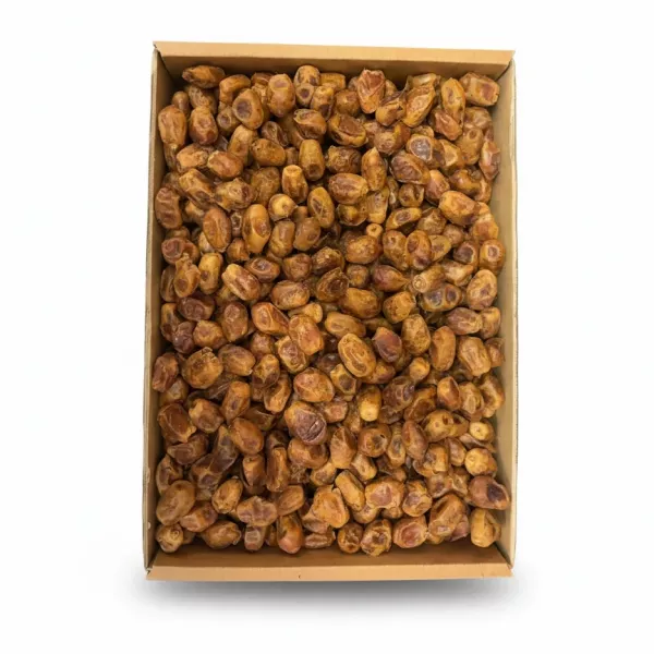 Box of Zahedi dates showing golden brown dry dates