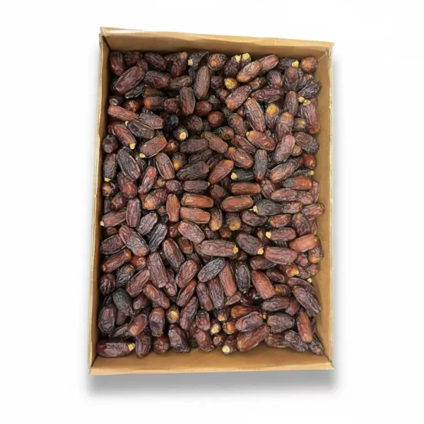 Box filled with plump, dark brown Aliat Taibah premium dates