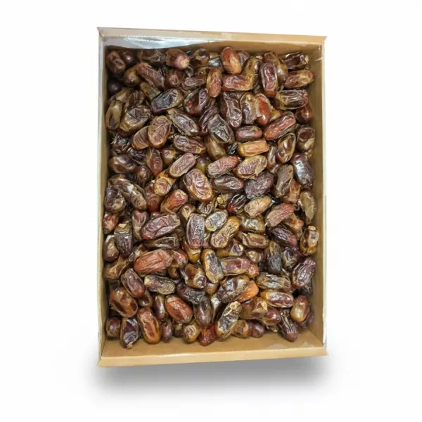 Close-up view of premium Aliat Taibah dates inside a cardboard box