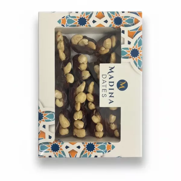 Box of Madina dates topped with cashew nuts