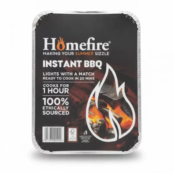 Homefire instant BBQ charcoal grill in aluminium tray with packaging showing instructions