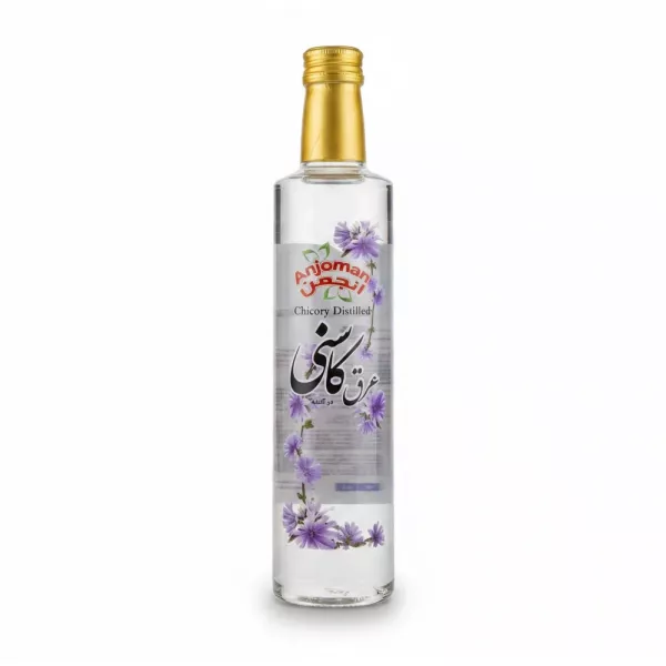 Anjoman branded clear bottle of chicory distilled water with floral label
