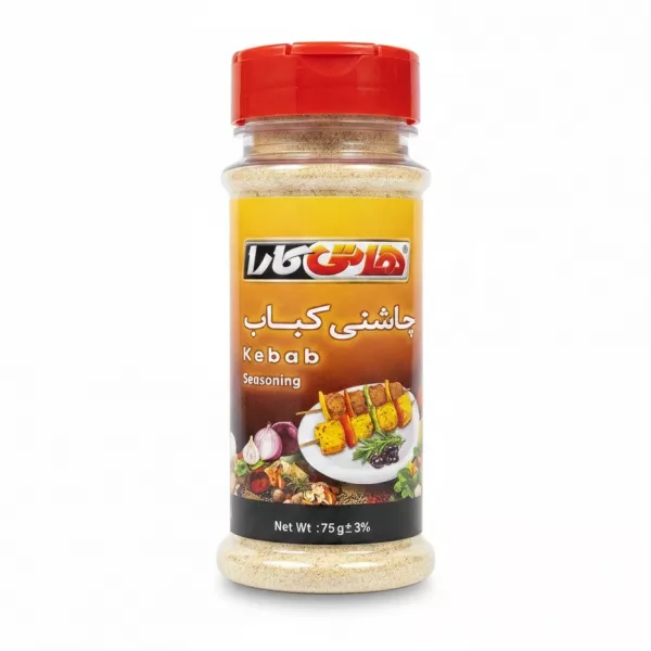 HotiKara Kebab Seasoning bottle with yellow label and red cap showing kebab image